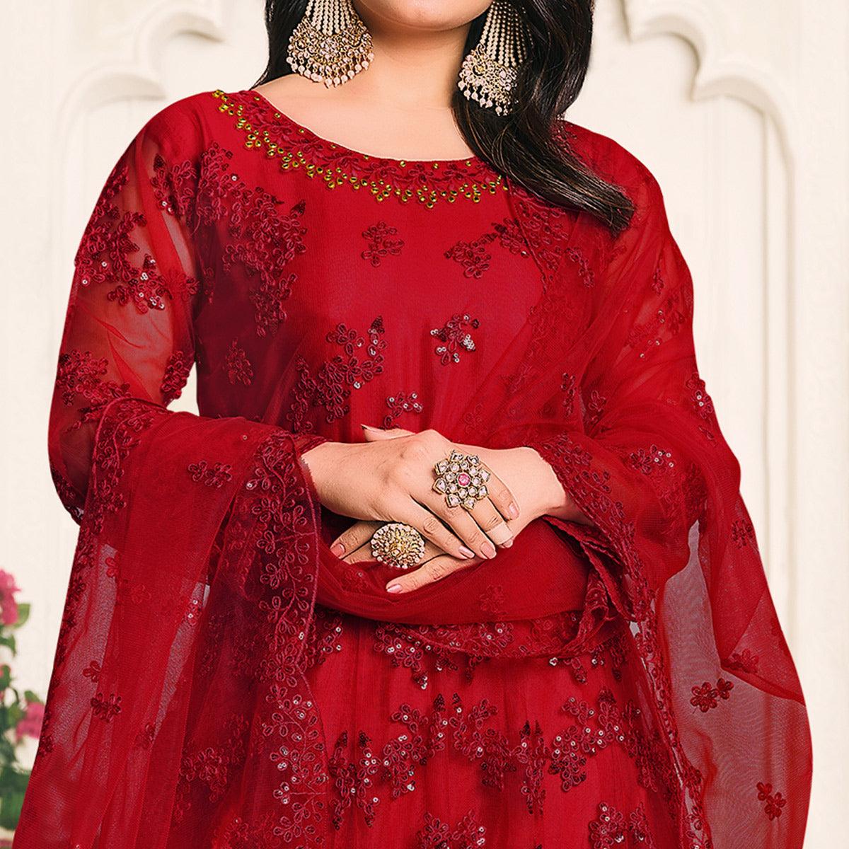 Red Embroidered Netted Anarkali Style Gown - Peachmode