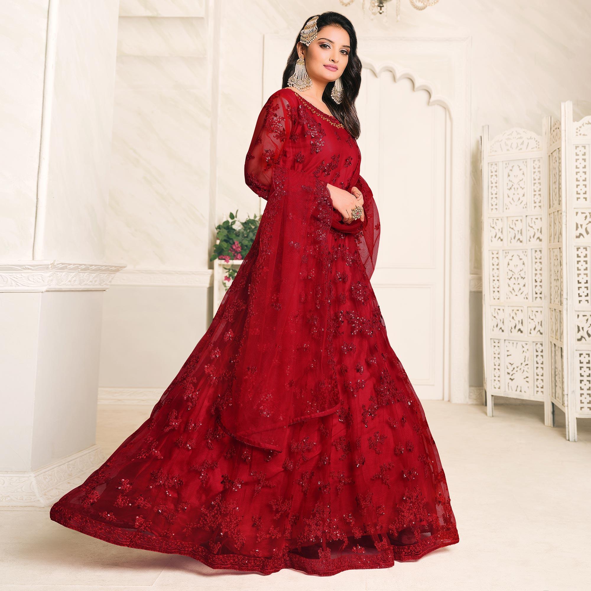 Red Embroidered Netted Anarkali Style Gown - Peachmode