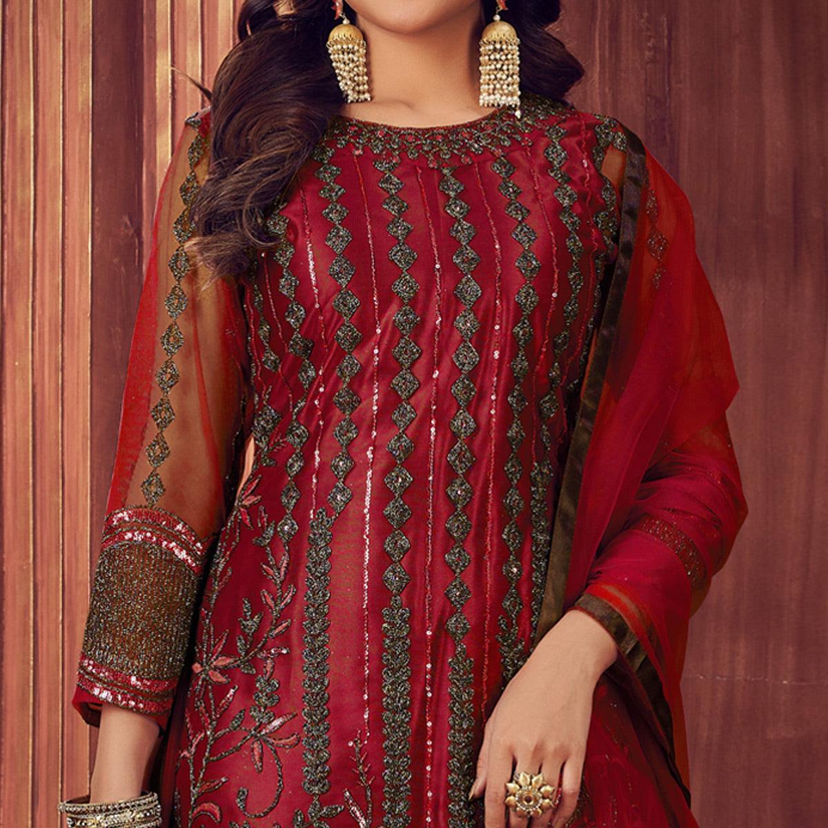 Red Embroidered Netted Suit - Peachmode