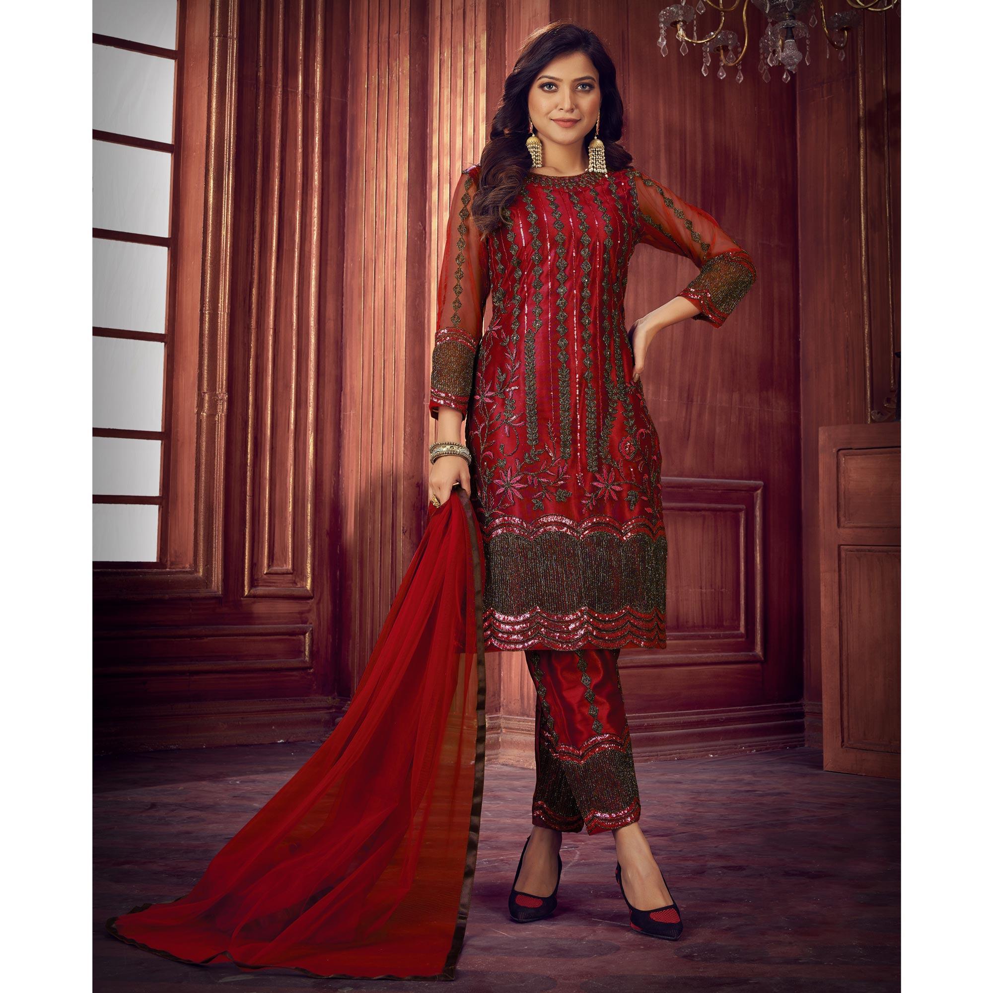 Red Embroidered Netted Suit - Peachmode