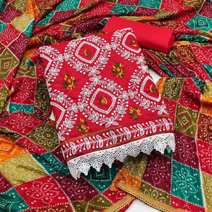 Red Embroidered Poly Cotton Dress Material - Peachmode