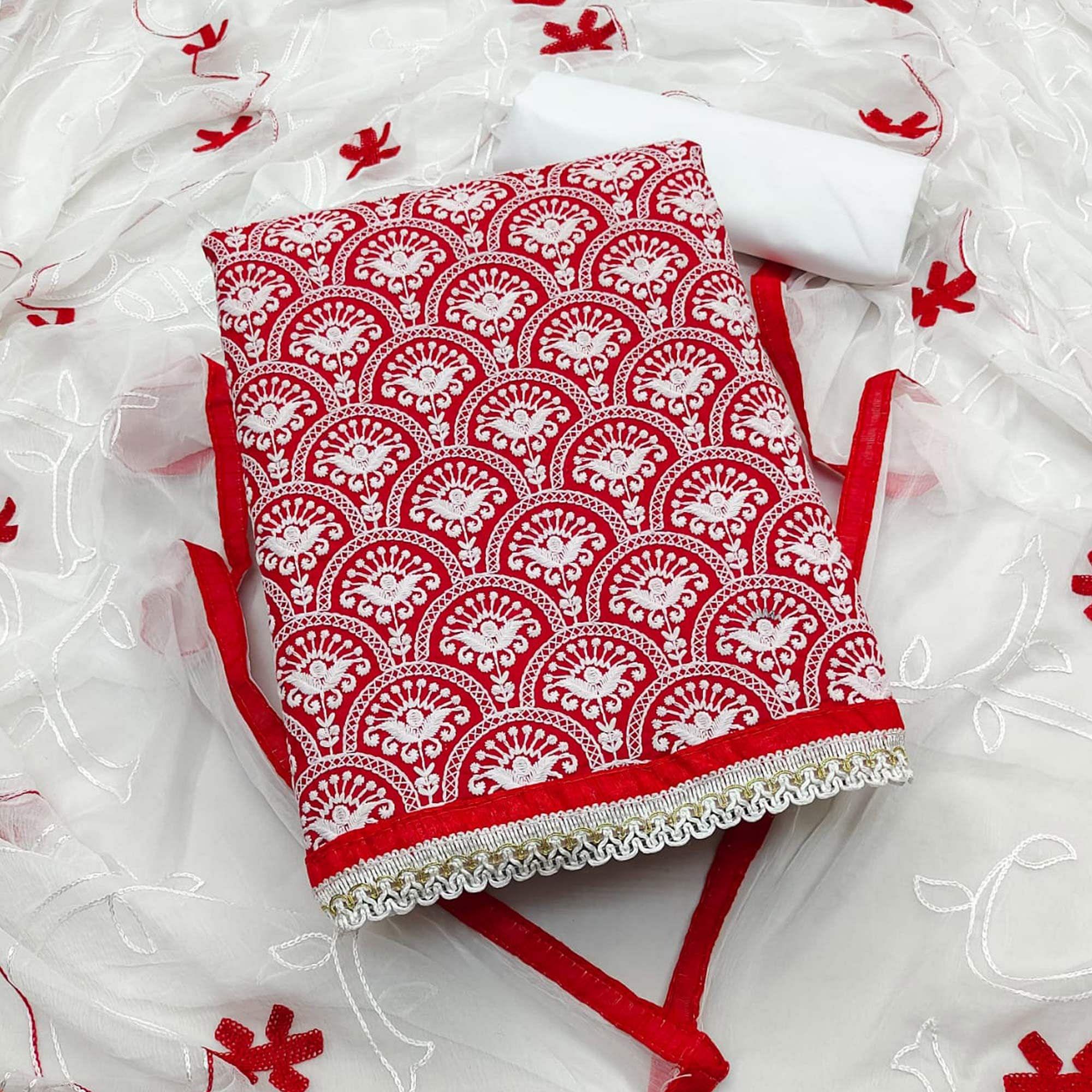 Red Embroidered Poly Cotton Dress Material - Peachmode