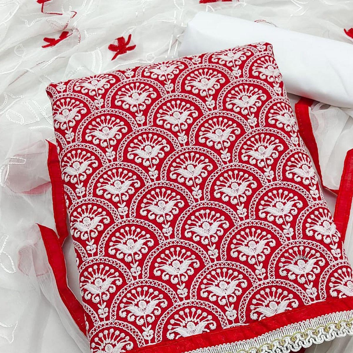 Red Embroidered Poly Cotton Dress Material - Peachmode