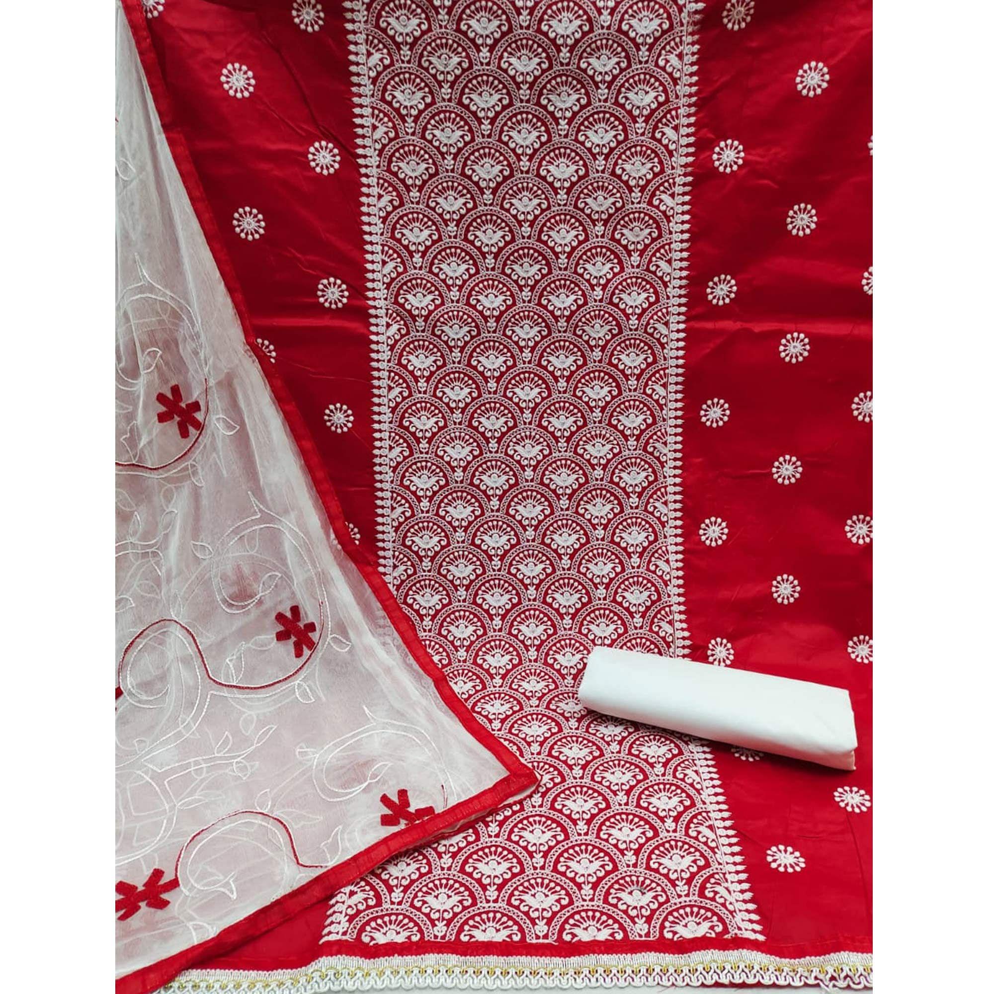 Red Embroidered Poly Cotton Dress Material - Peachmode