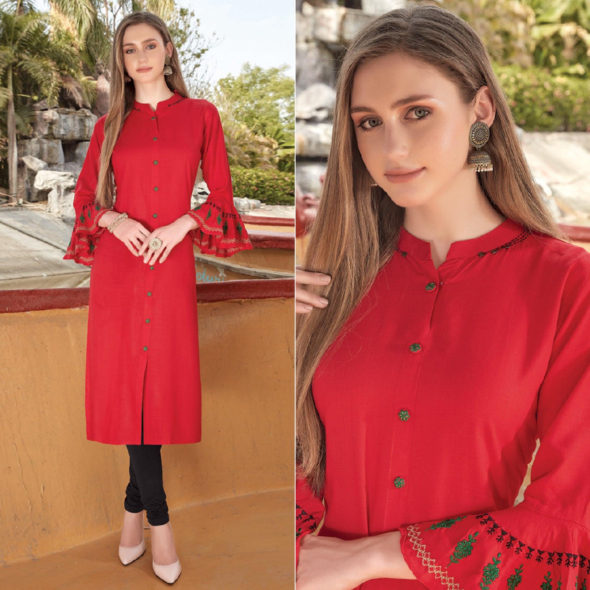 Red Embroidered Poly Cotton Kurti - Peachmode