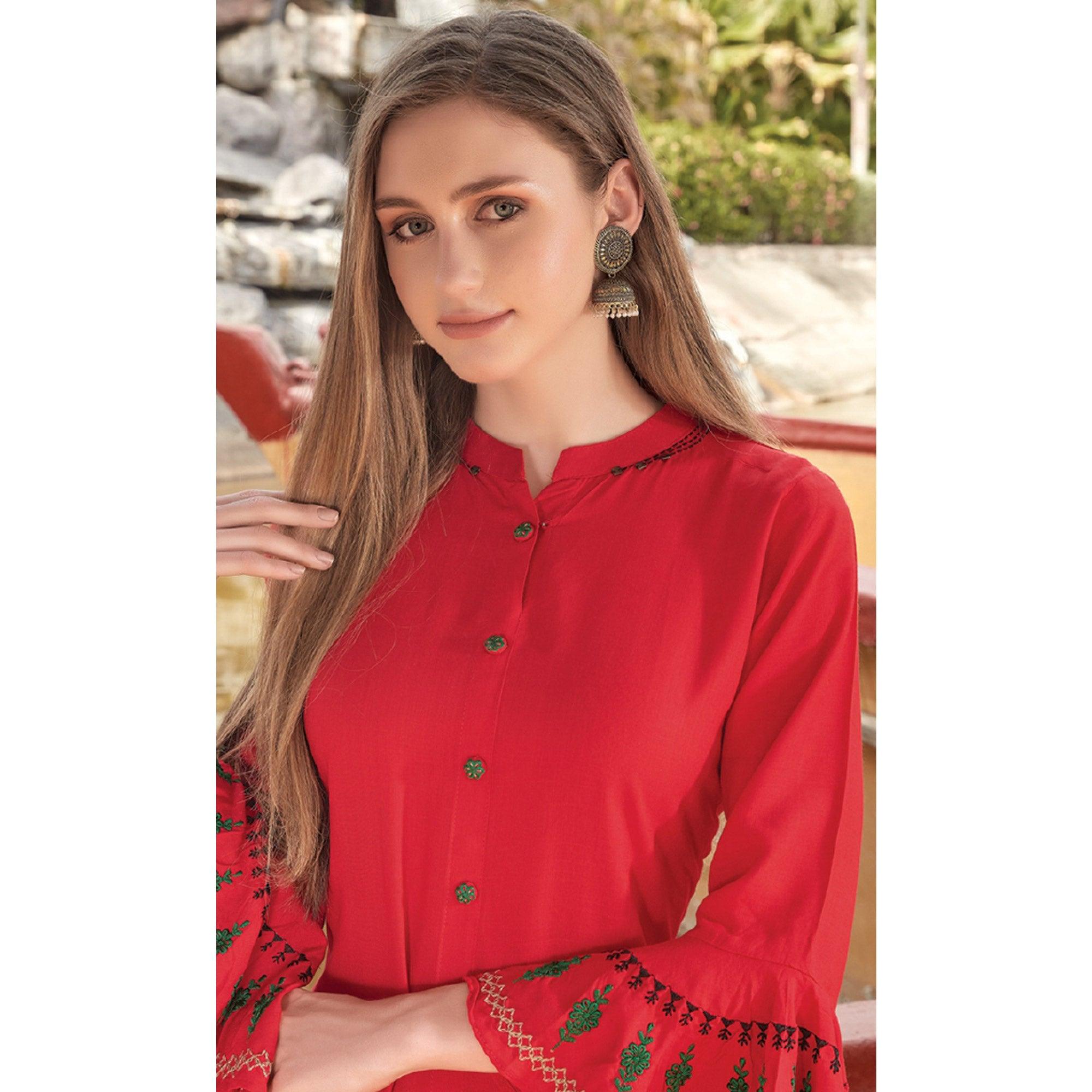 Red Embroidered Poly Cotton Kurti - Peachmode