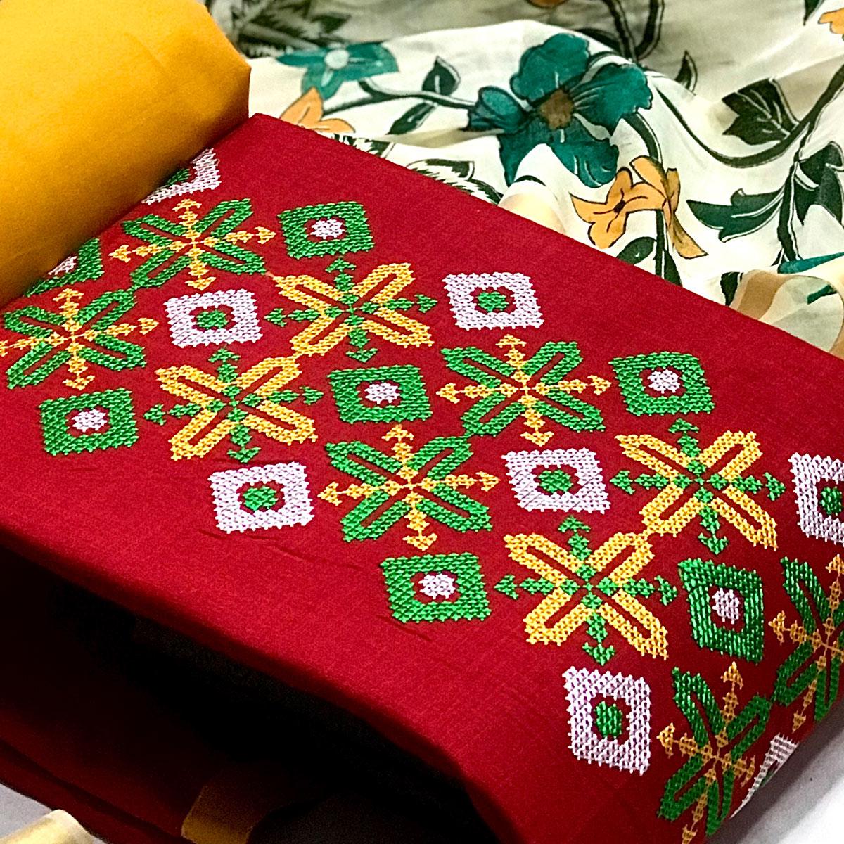 Red Embroidered Pure Cotton Dress Material - Peachmode