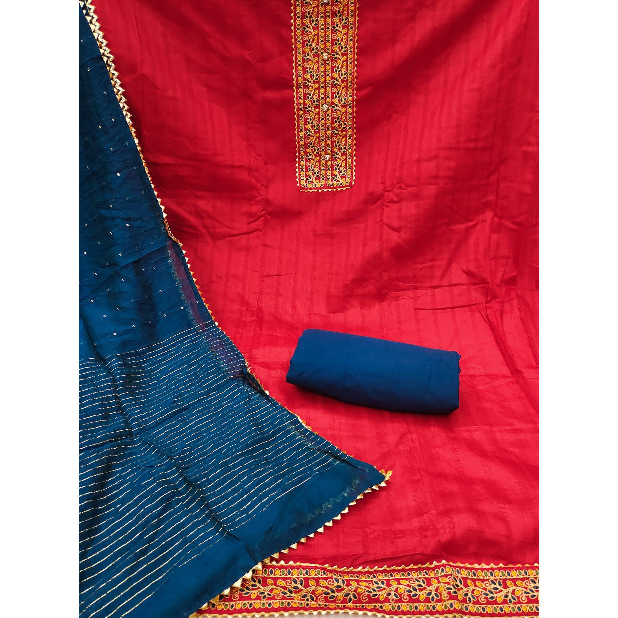 Red Embroidered Pure Cotton Dress Material - Peachmode