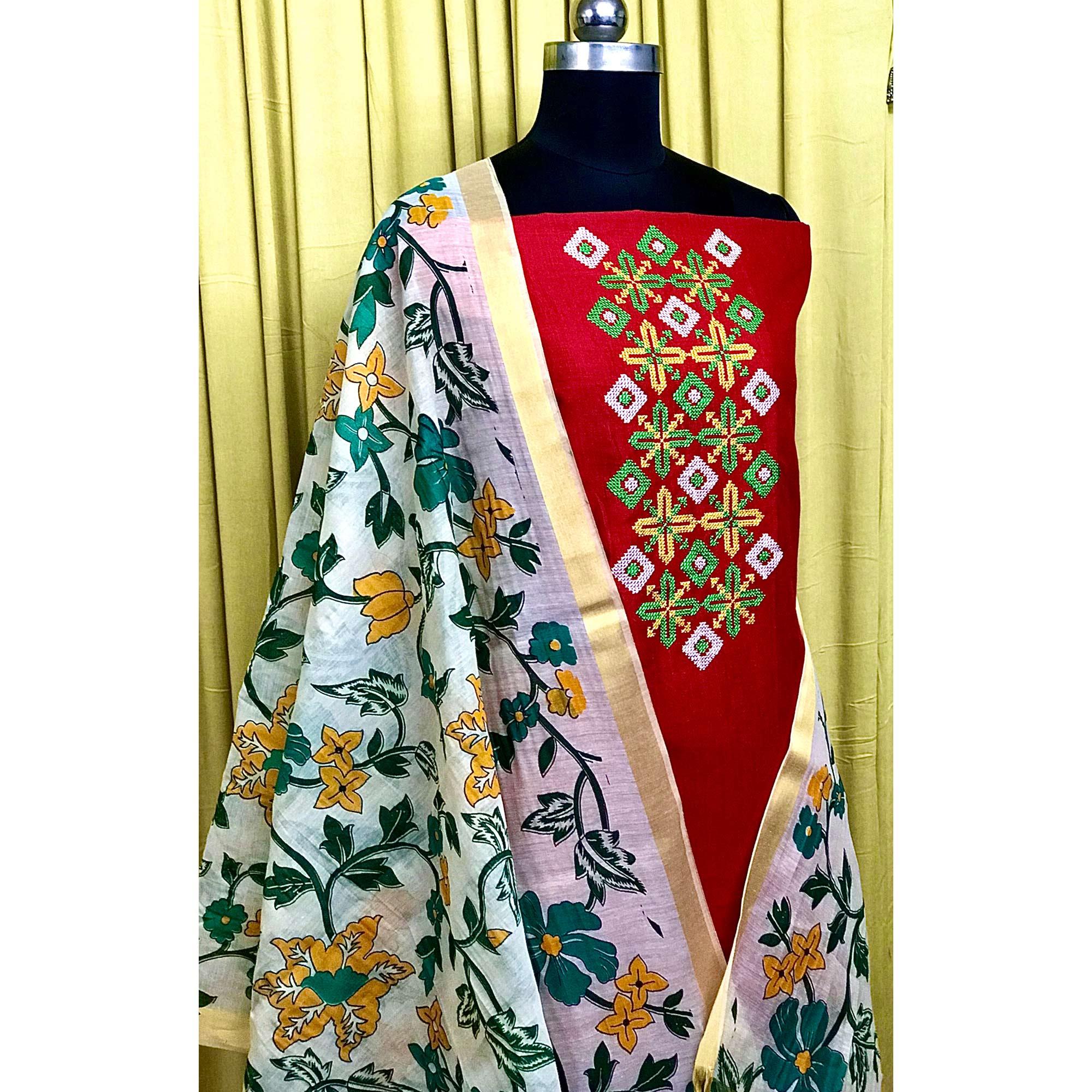 Red Embroidered Pure Cotton Dress Material - Peachmode