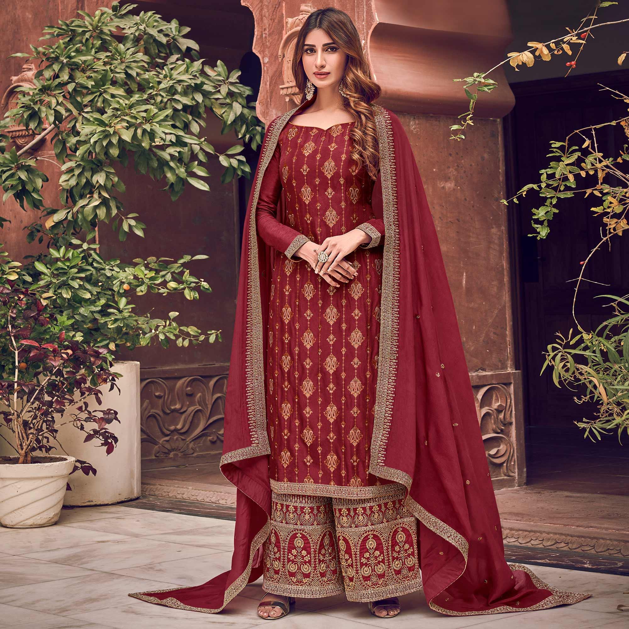 Red Embroidered Pure Dola Jacquard Partywear Suit - Peachmode