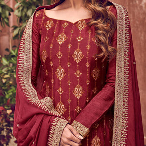 Red Embroidered Pure Dola Jacquard Partywear Suit - Peachmode