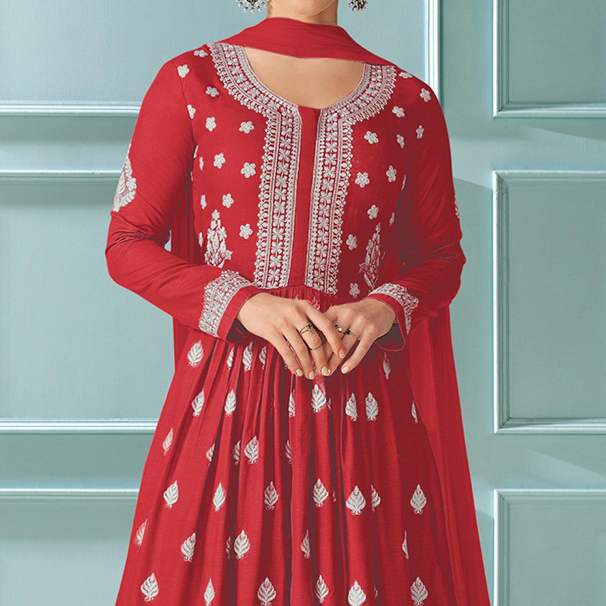 Red Embroidered Rayon Kurti Palazzo Suit - Peachmode