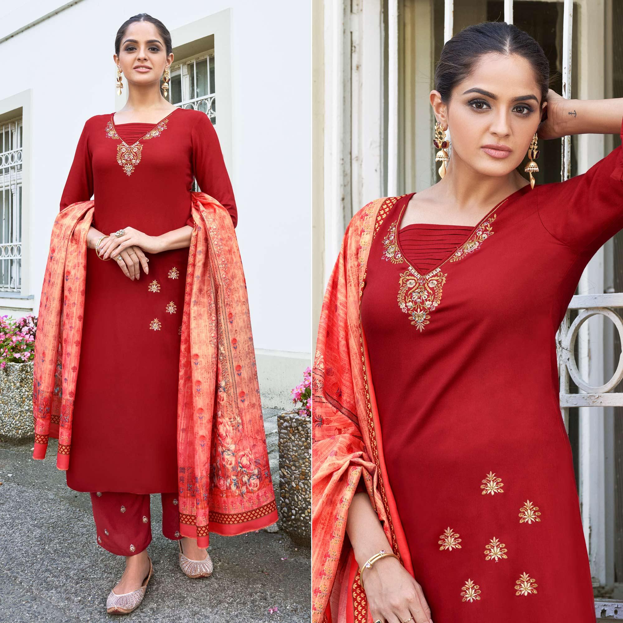 Red Embroidered Rayon Kurti Pant Set With Dupatta - Peachmode