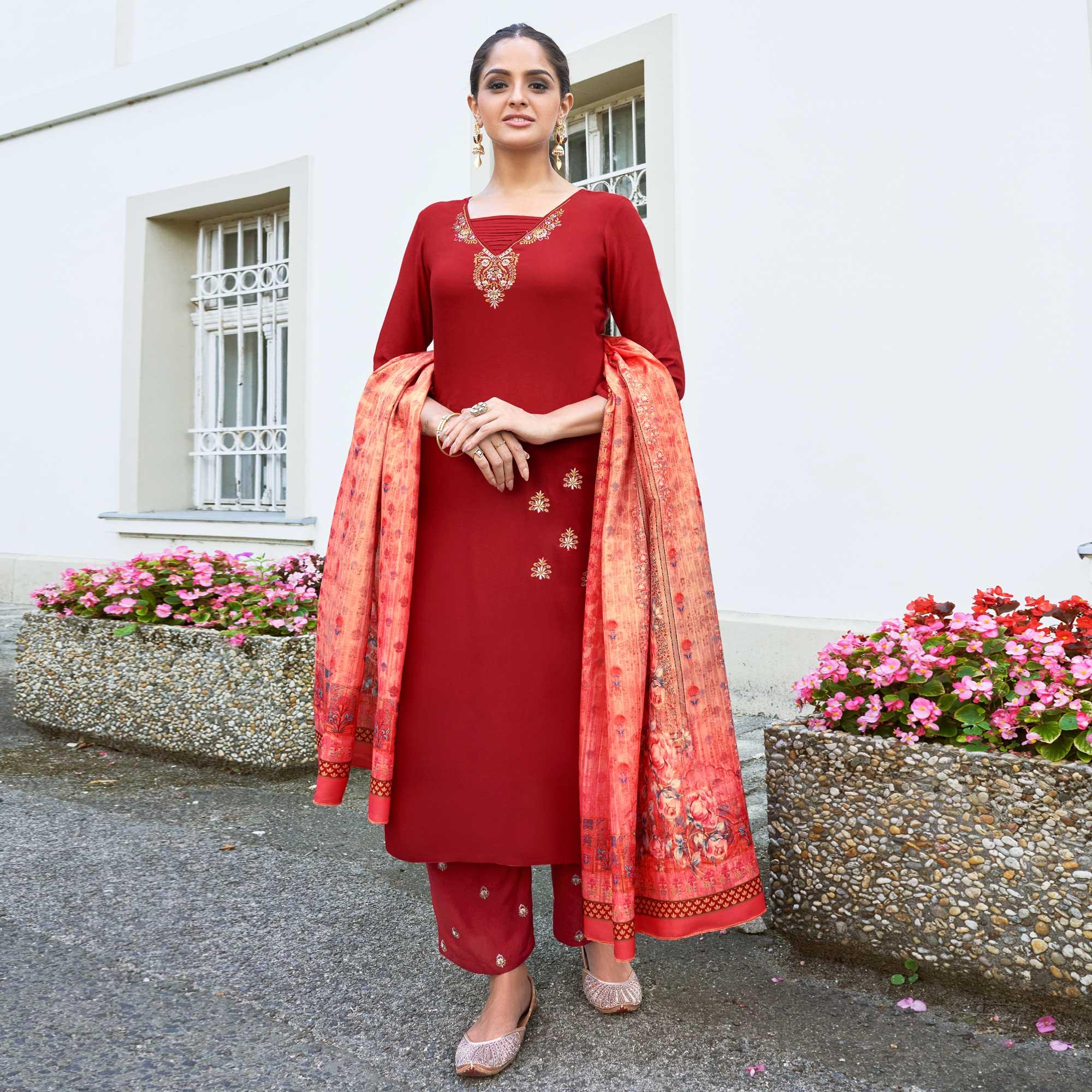 Red Embroidered Rayon Kurti Pant Set With Dupatta - Peachmode