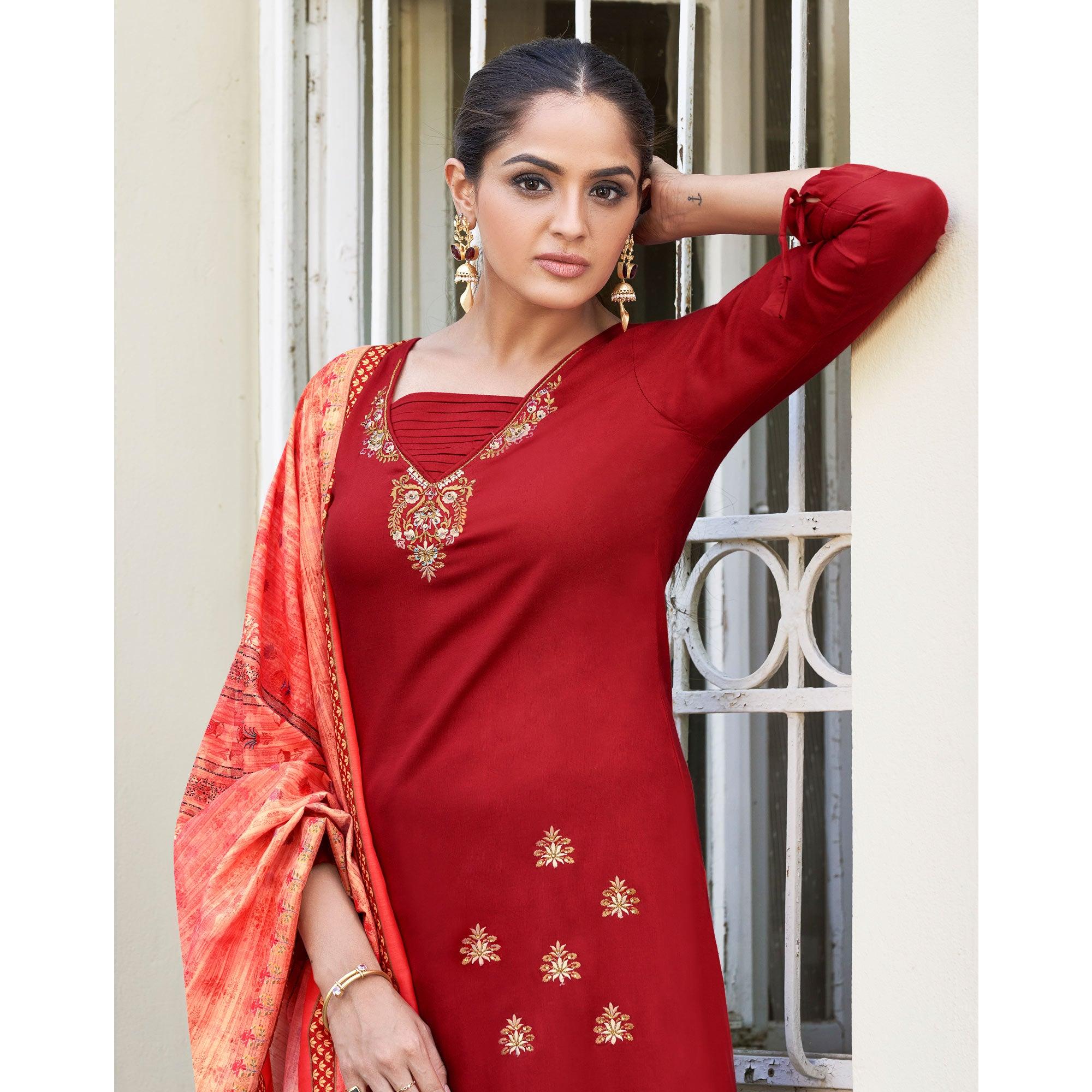 Red Embroidered Rayon Kurti Pant Set With Dupatta - Peachmode