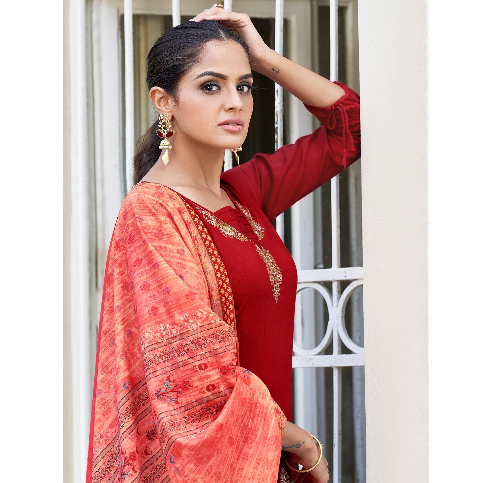 Red Embroidered Rayon Kurti Pant Set With Dupatta - Peachmode