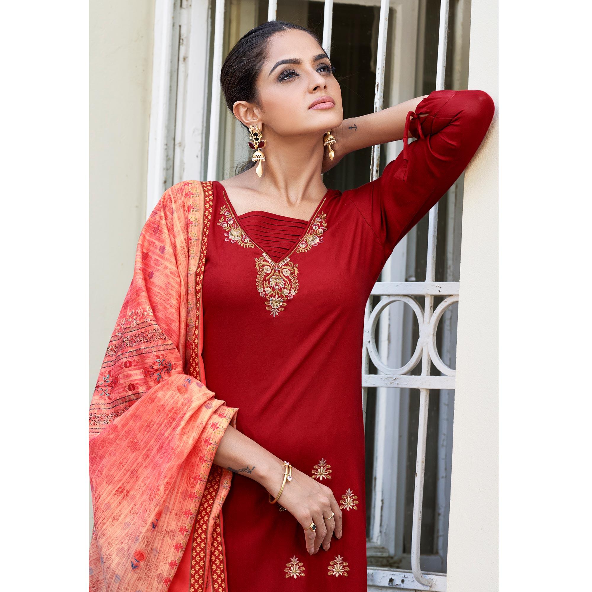 Red Embroidered Rayon Kurti Pant Set With Dupatta - Peachmode