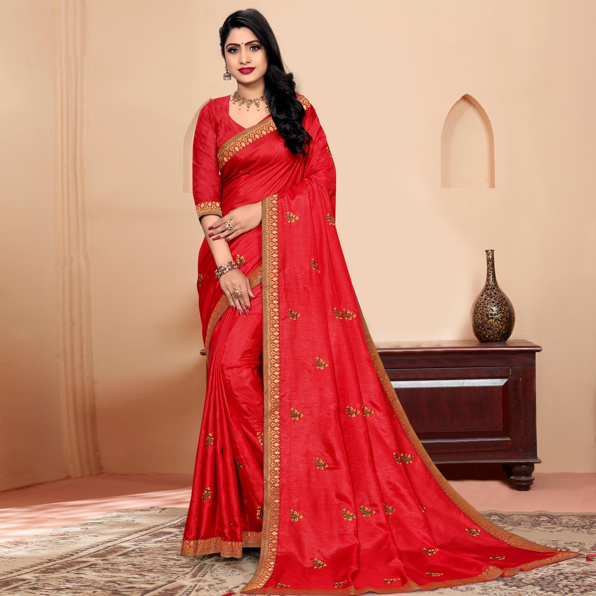 Red Embroidered Vichitra Silk Saree - Peachmode