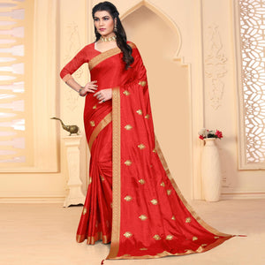 Red Embroidered Vichitra Silk Saree - Peachmode