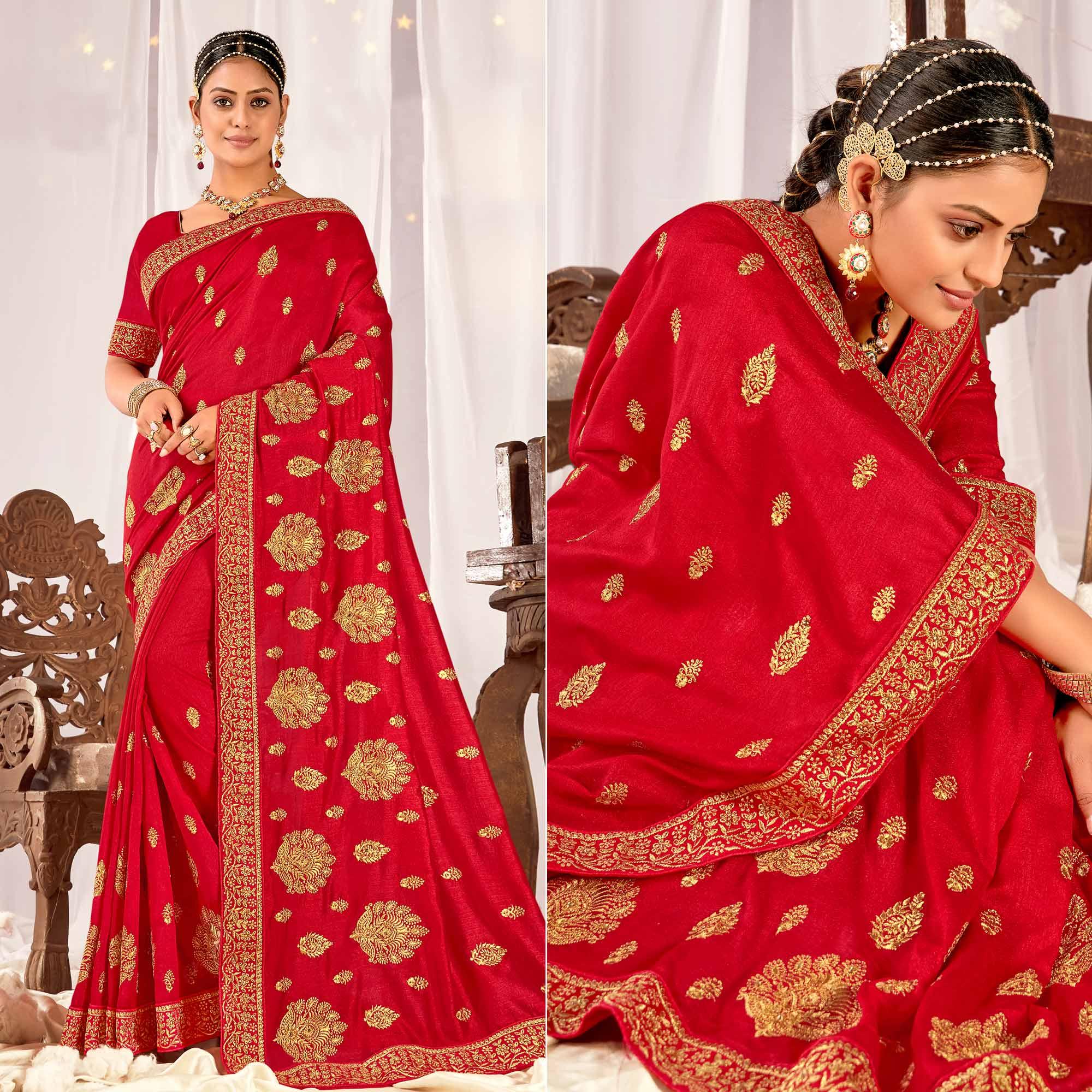 Red Embroidered Vichitra Silk Saree - Peachmode