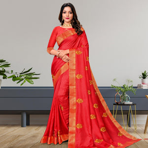Red Embroidered Vichitra Silk Saree - Peachmode