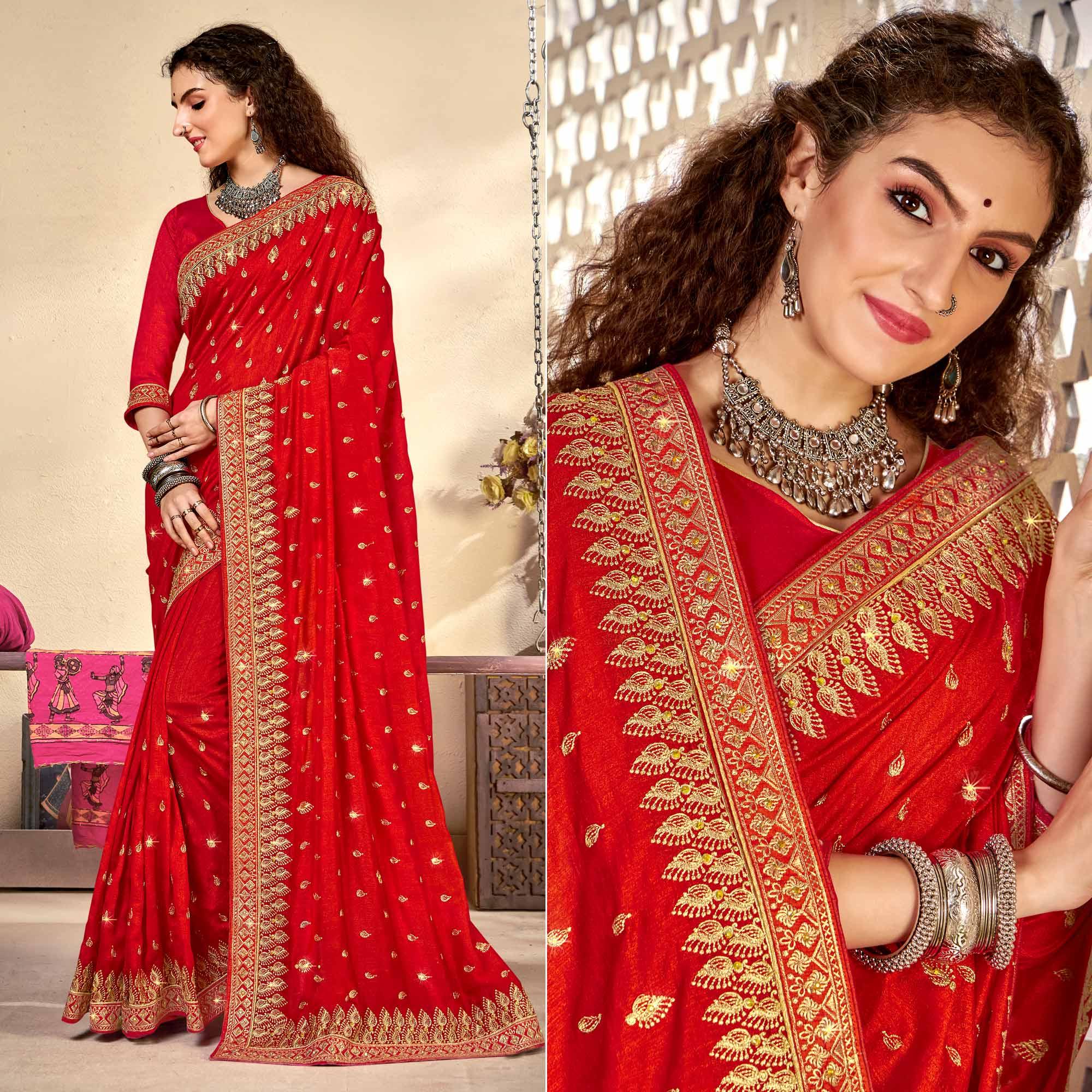Red Embroidered Vichitra Silk Saree - Peachmode