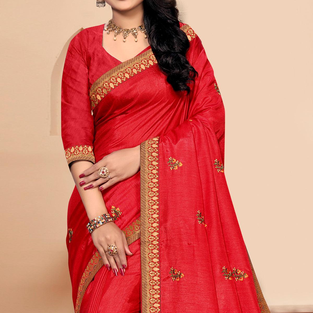 Red Embroidered Vichitra Silk Saree - Peachmode