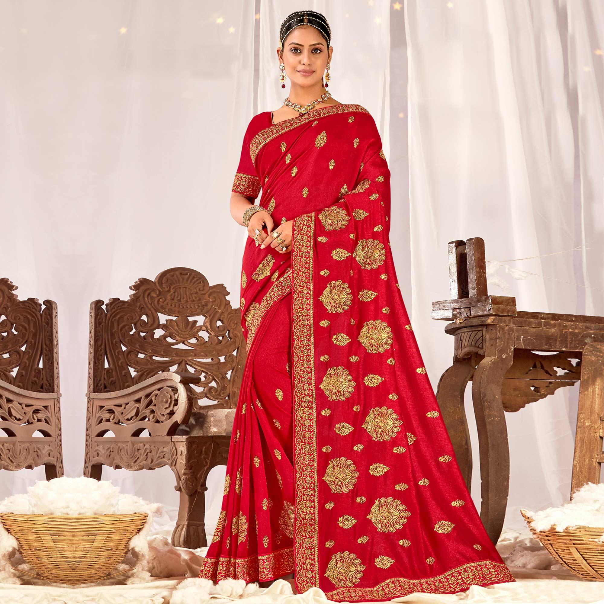 Red Embroidered Vichitra Silk Saree - Peachmode