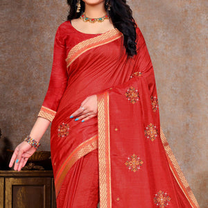Red Embroidered Vichitra Silk Saree - Peachmode
