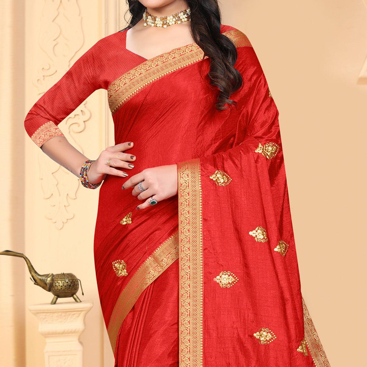 Red Embroidered Vichitra Silk Saree - Peachmode