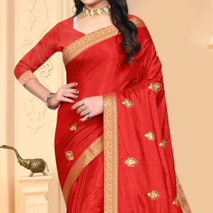 Red Embroidered Vichitra Silk Saree - Peachmode