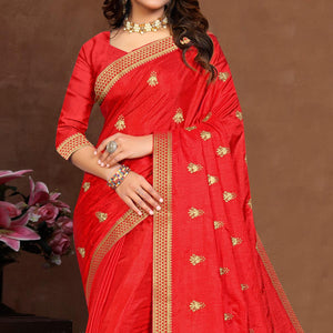 Red Embroidered Vichitra Silk Saree - Peachmode