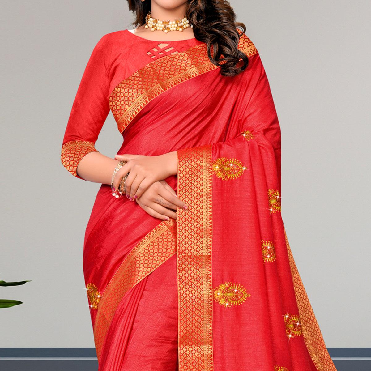 Red Embroidered Vichitra Silk Saree - Peachmode