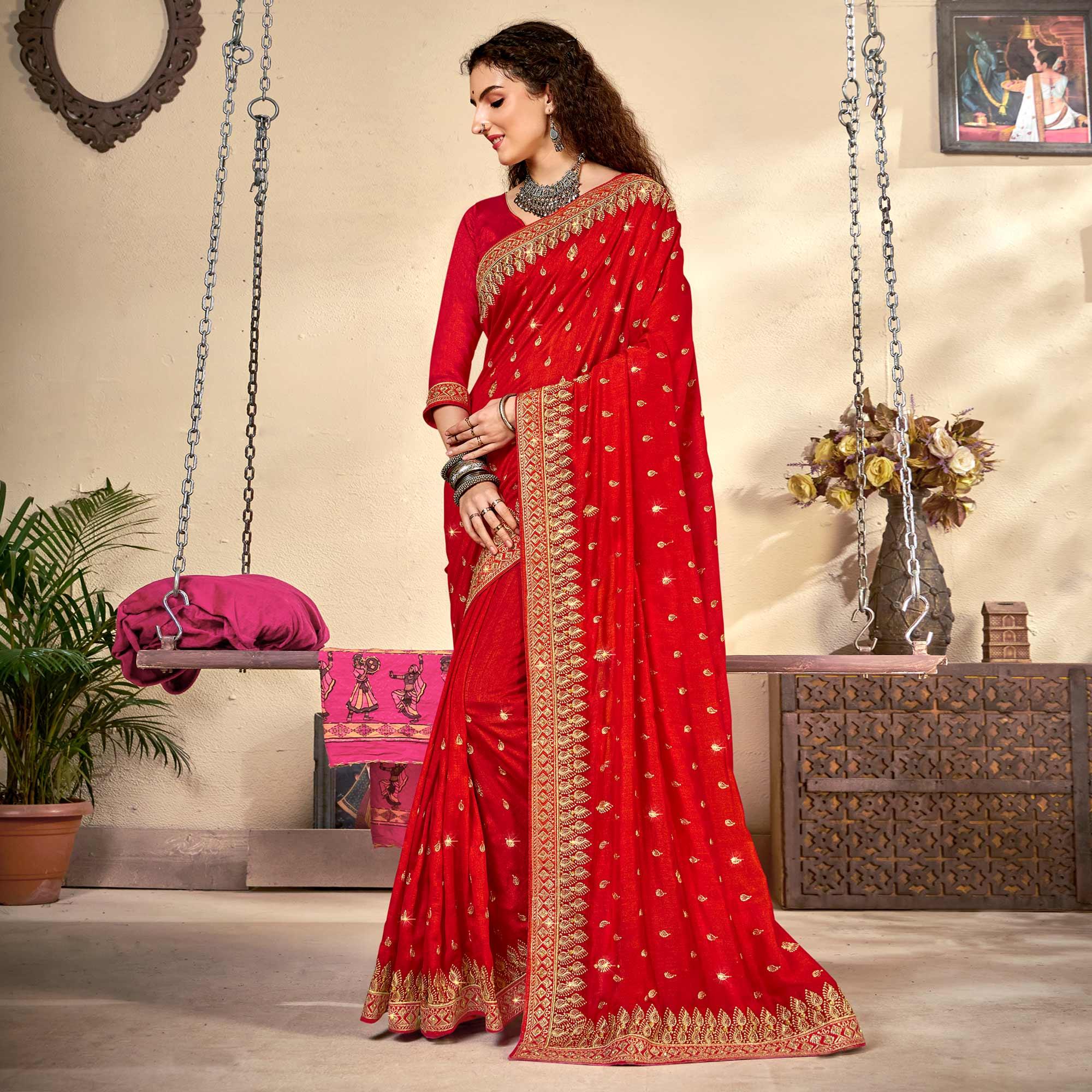 Red Embroidered Vichitra Silk Saree - Peachmode