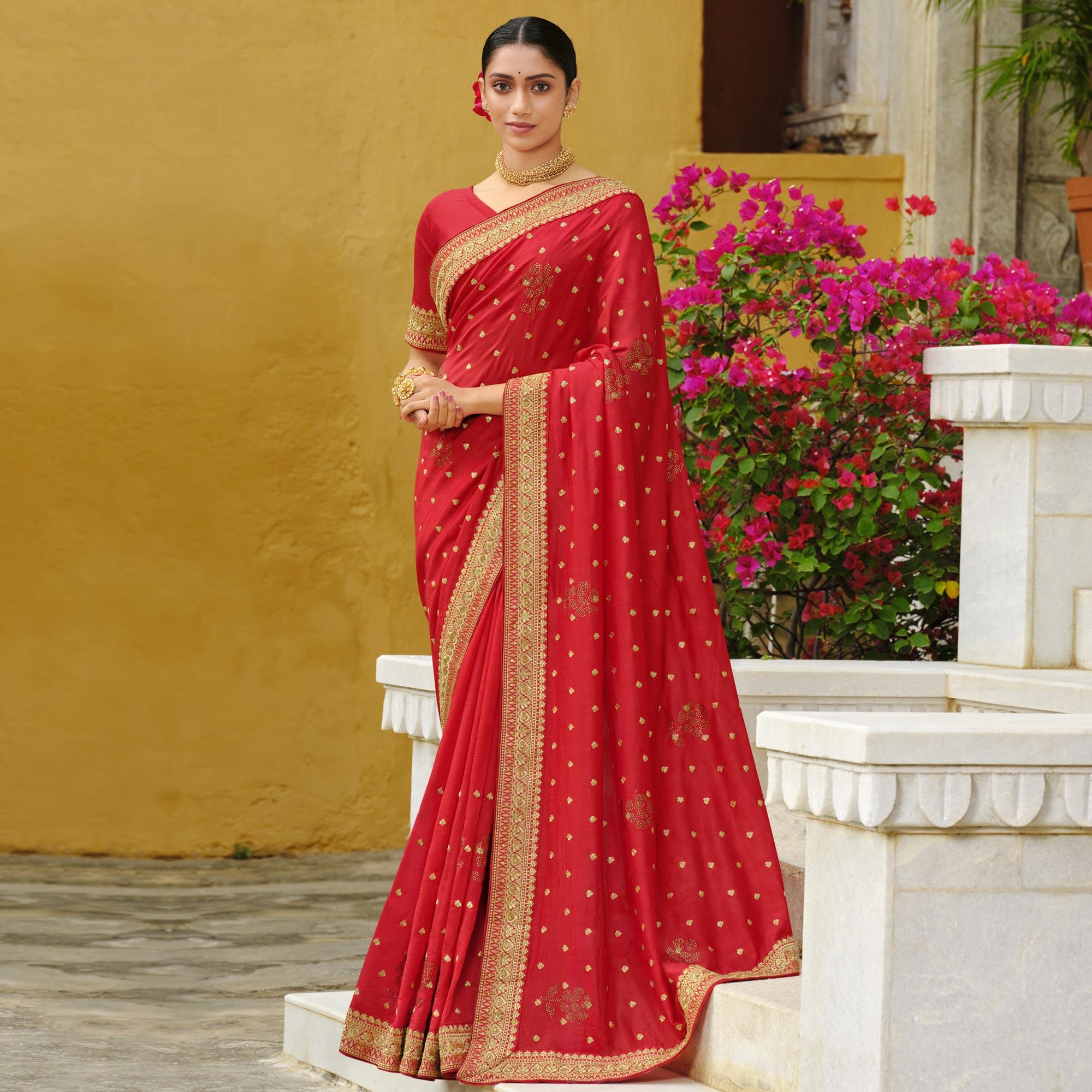 Red Embroidered Vichitra Silk Saree - Peachmode