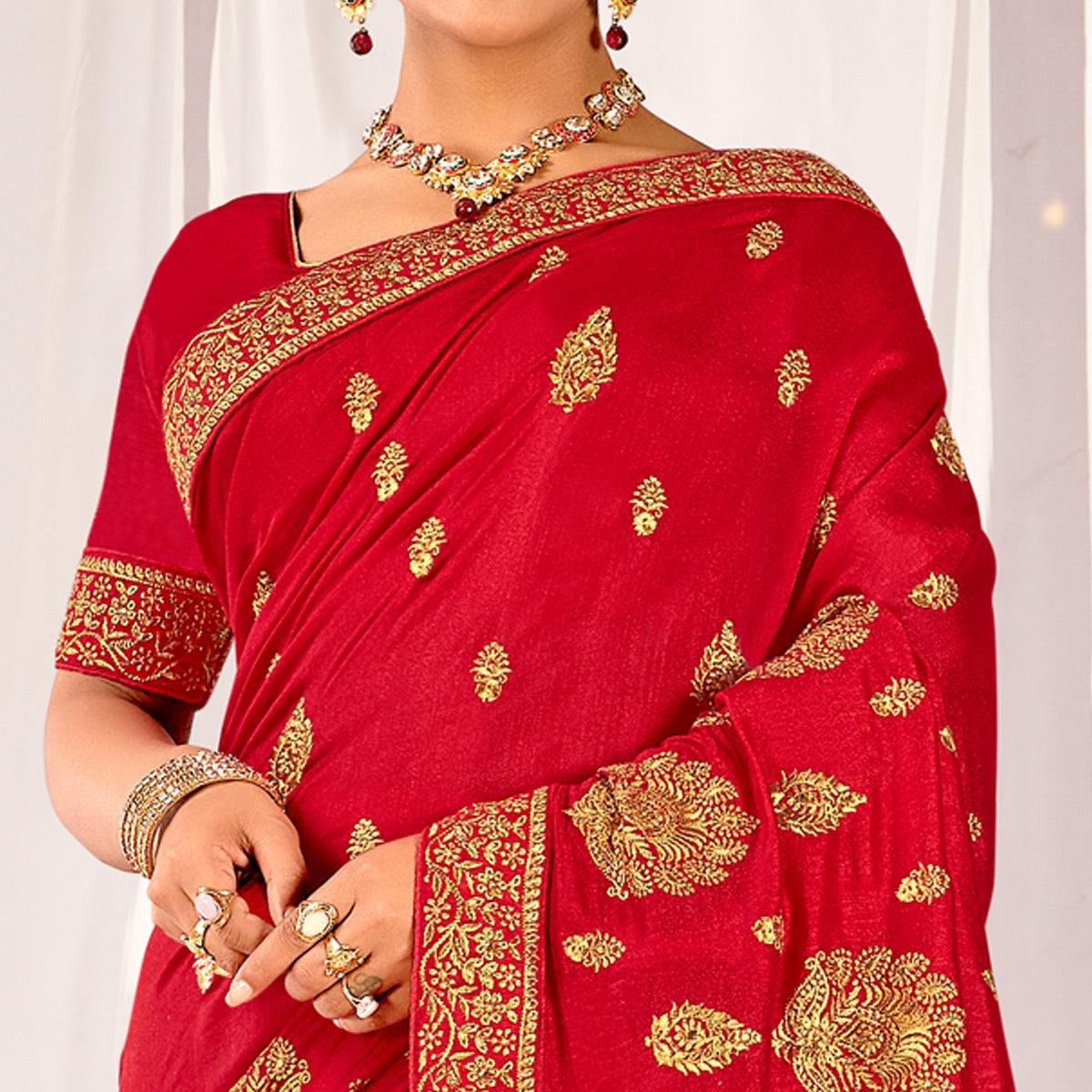 Red Embroidered Vichitra Silk Saree - Peachmode