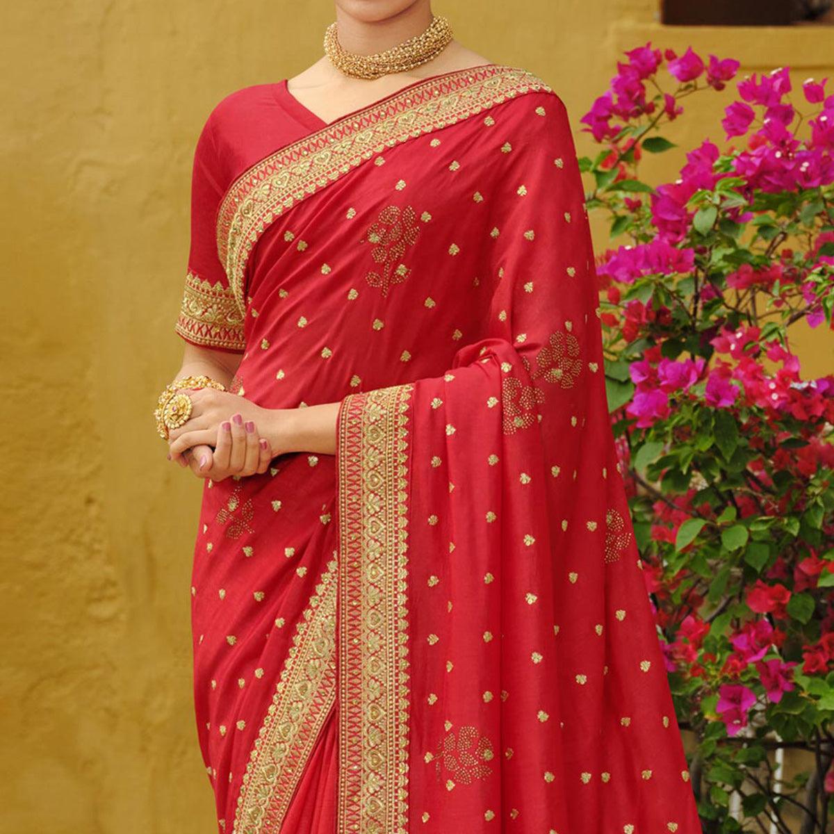 Red Embroidered Vichitra Silk Saree - Peachmode