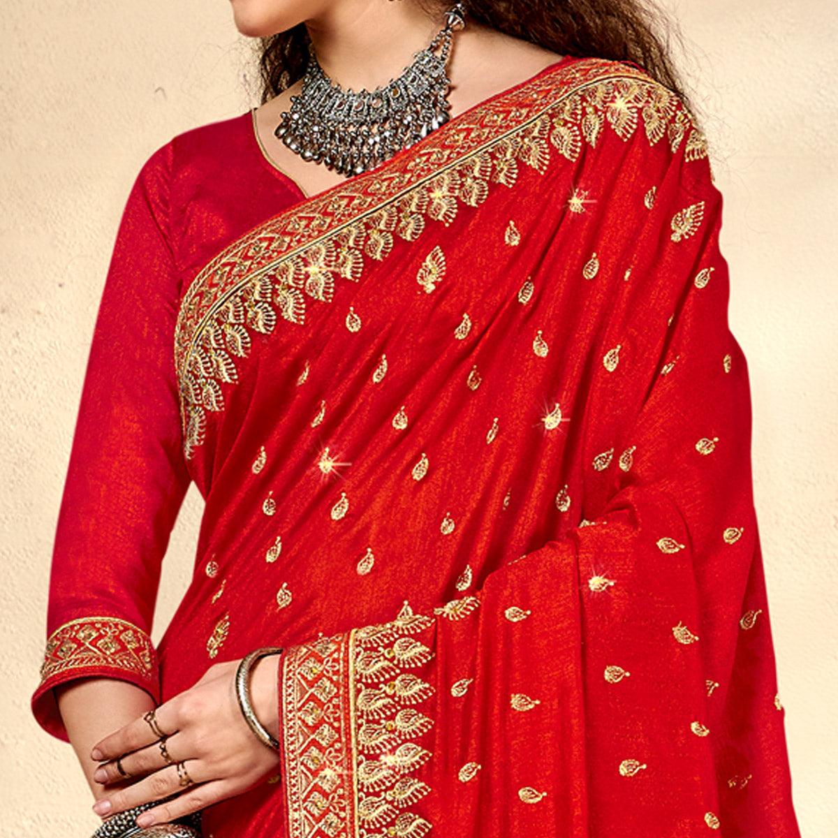 Red Embroidered Vichitra Silk Saree - Peachmode