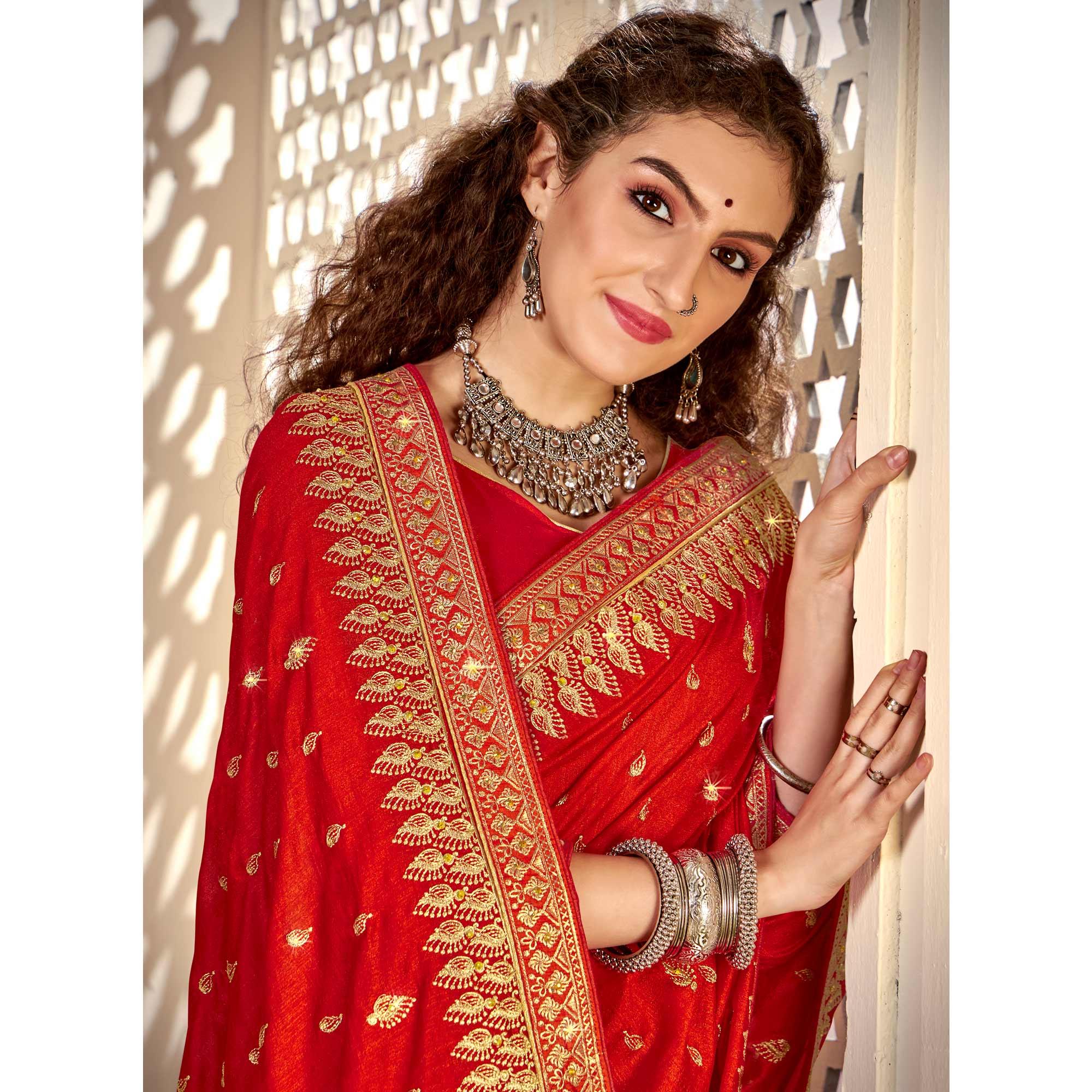 Red Embroidered Vichitra Silk Saree - Peachmode