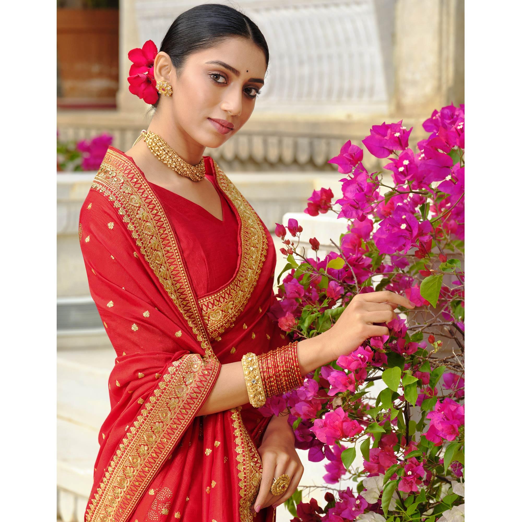 Red Embroidered Vichitra Silk Saree - Peachmode