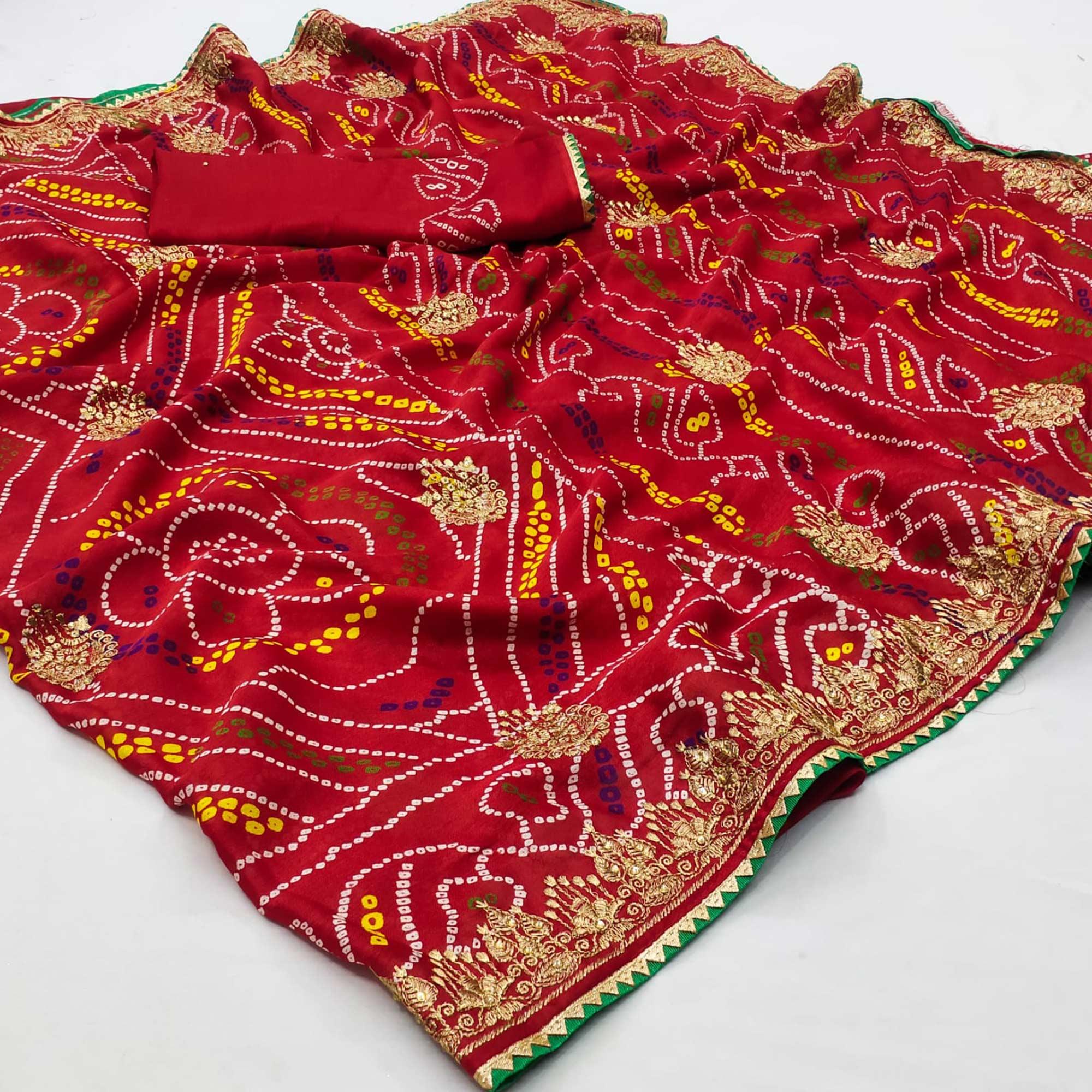 Red Embroidered With Bandhani Printed Georgette Saree - Peachmode