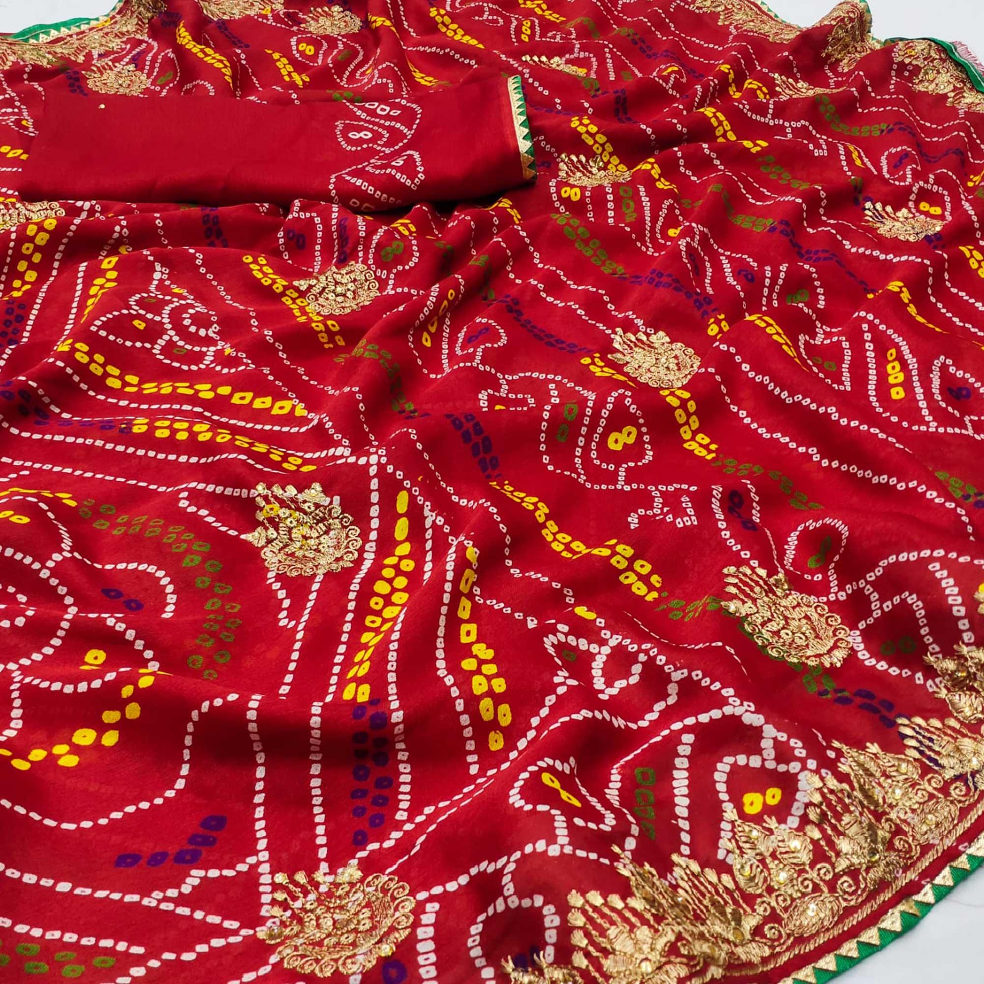Red Embroidered With Bandhani Printed Georgette Saree - Peachmode