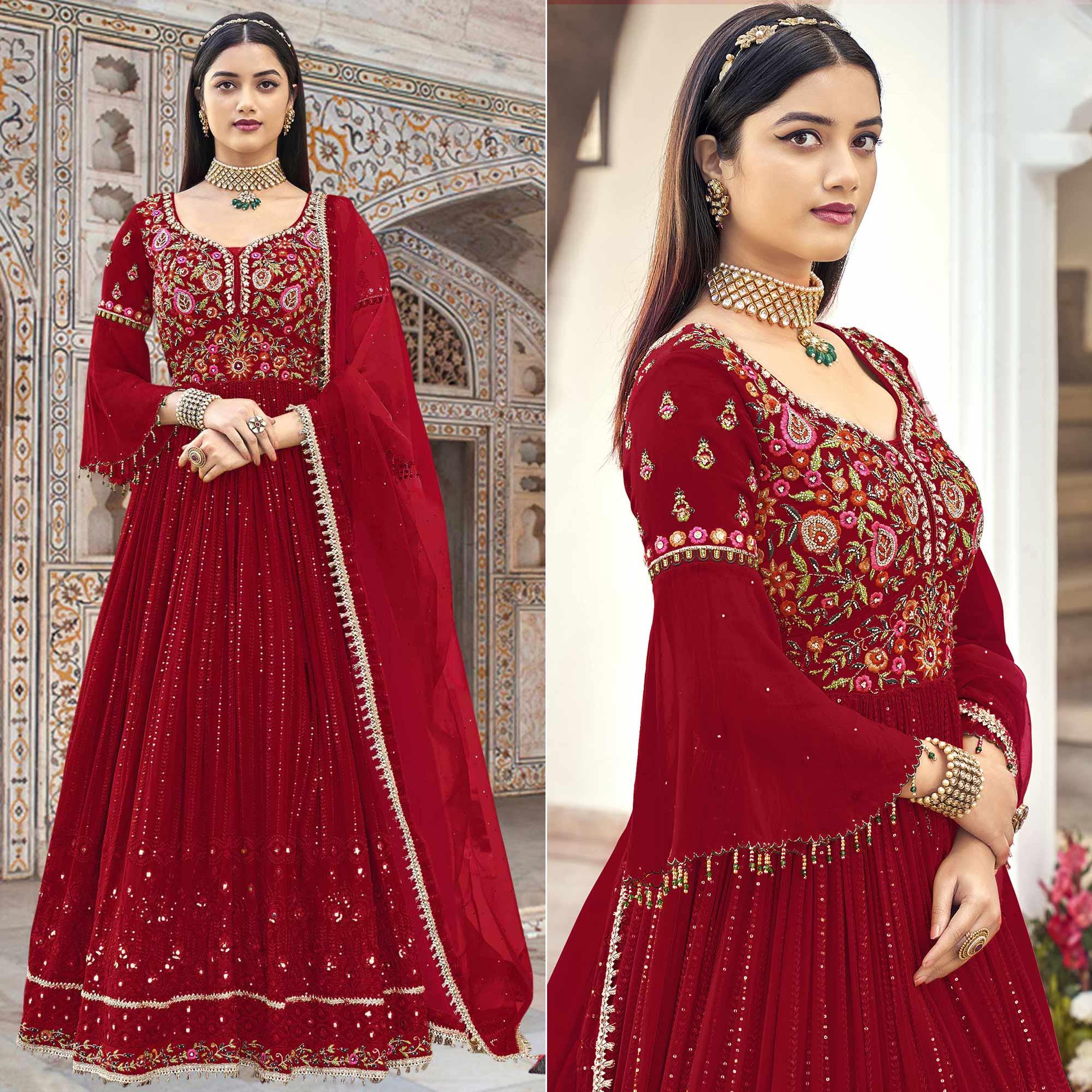 Red Embroidered With Embellished Georgette Anarkali Style Gown - Peachmode