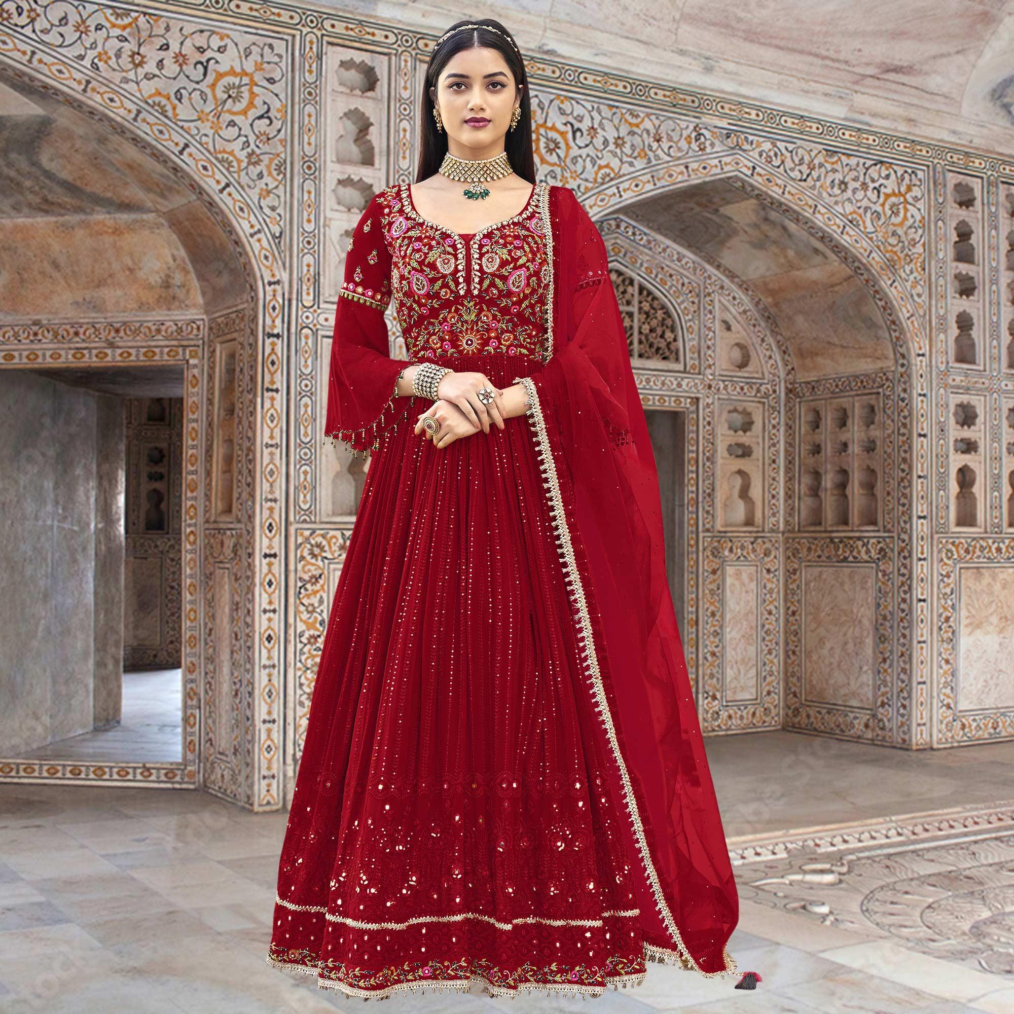 Red Embroidered With Embellished Georgette Anarkali Style Gown - Peachmode