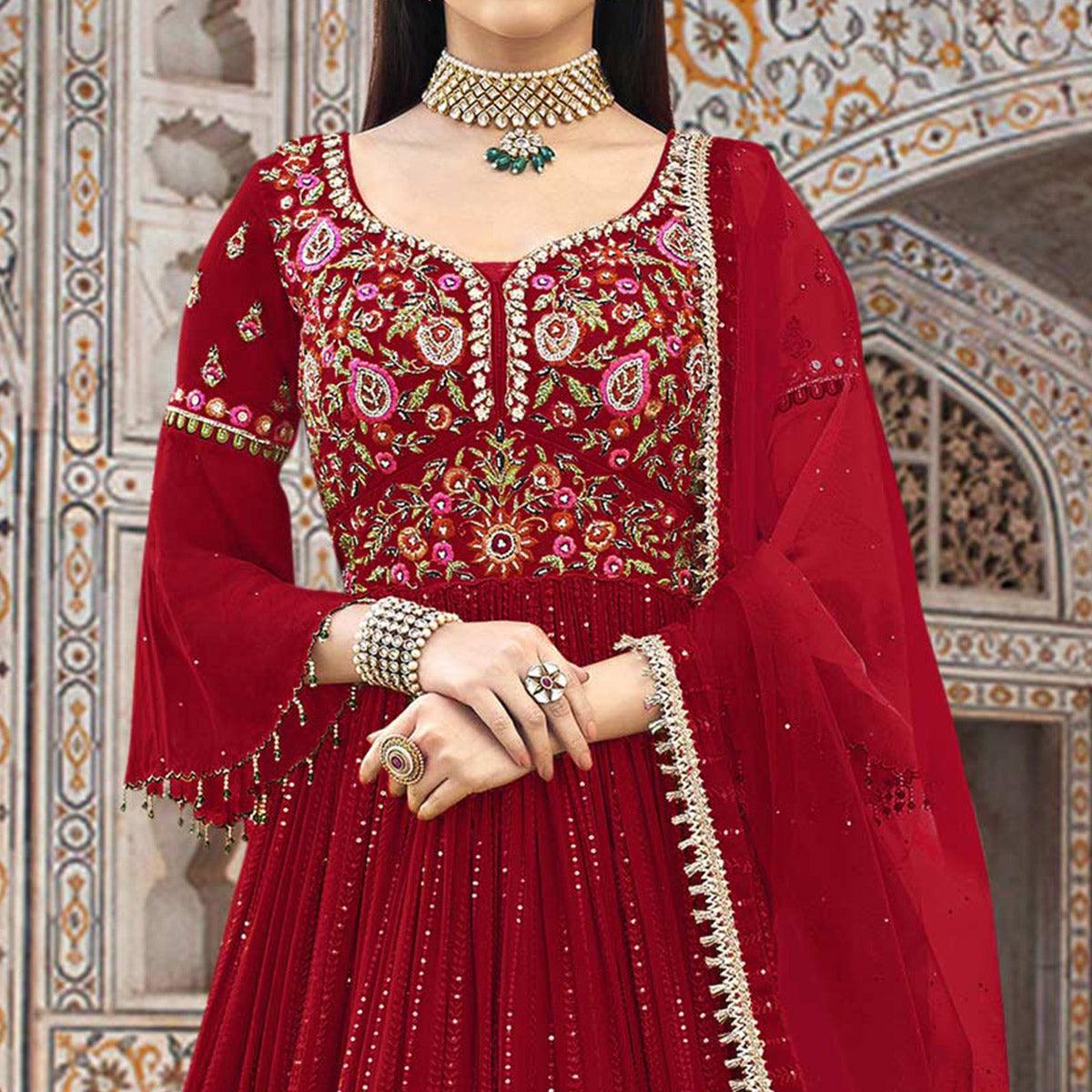 Red Embroidered With Embellished Georgette Anarkali Style Gown - Peachmode