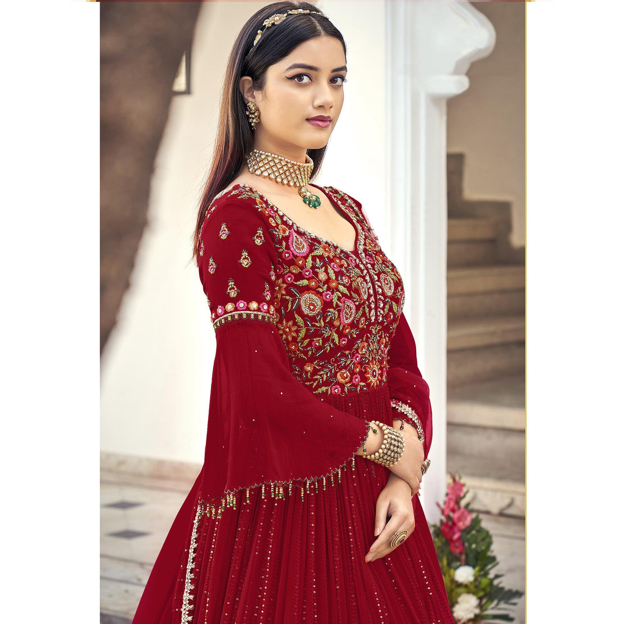 Red Embroidered With Embellished Georgette Anarkali Style Gown - Peachmode