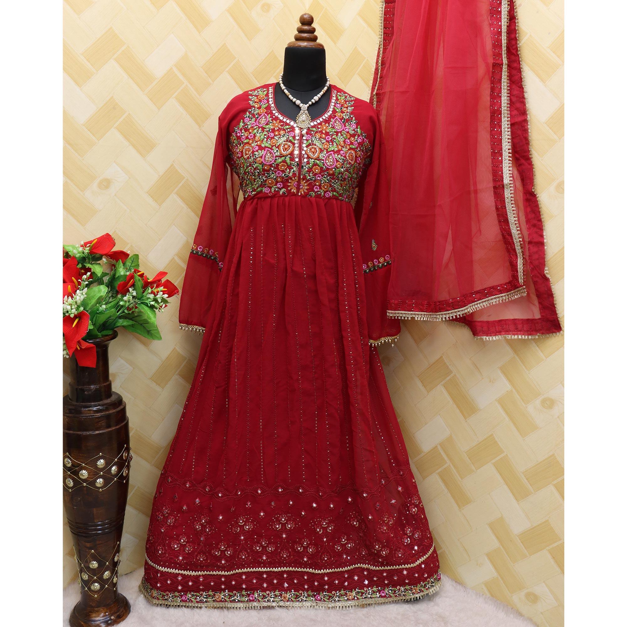 Red Embroidered With Embellished Georgette Anarkali Style Gown - Peachmode