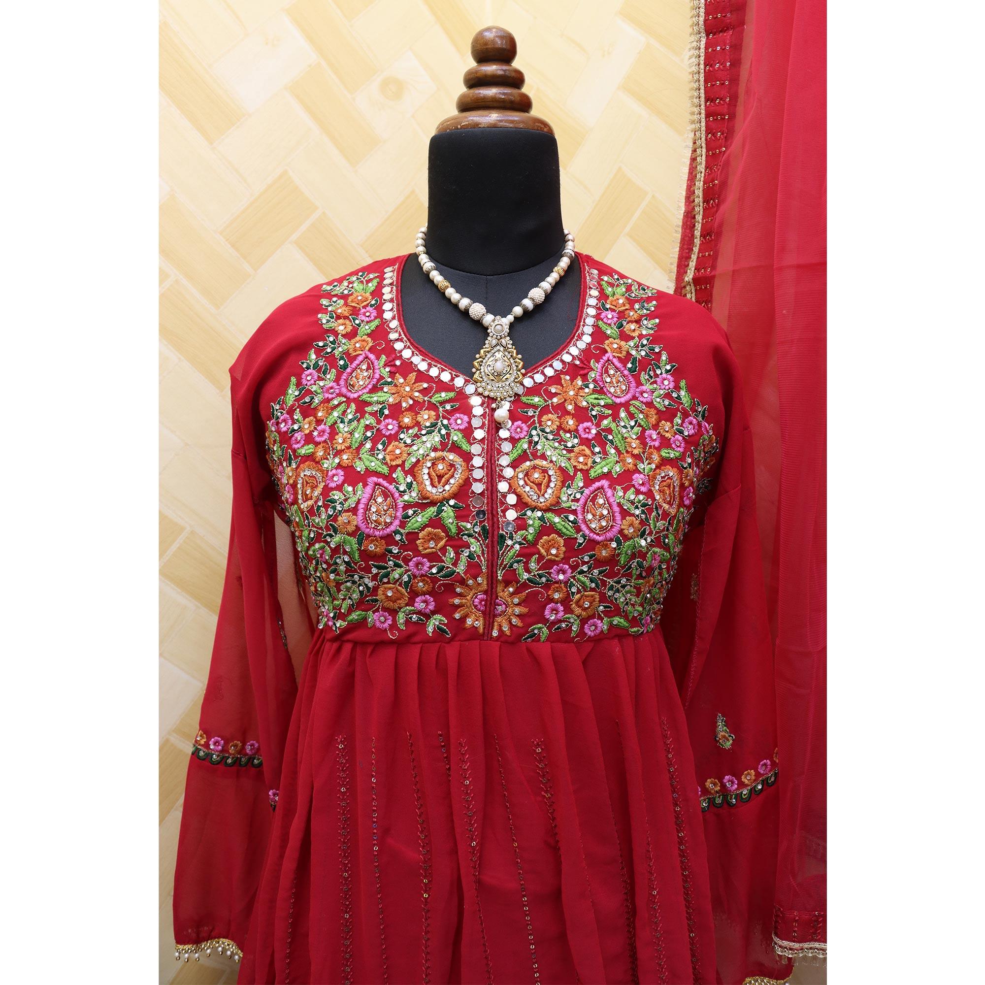 Red Embroidered With Embellished Georgette Anarkali Style Gown - Peachmode