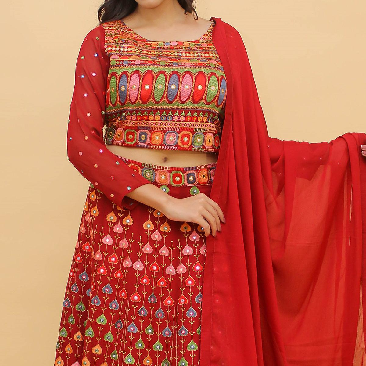 Red Embroidered With Embellished Georgette Lehenga Choli - Peachmode