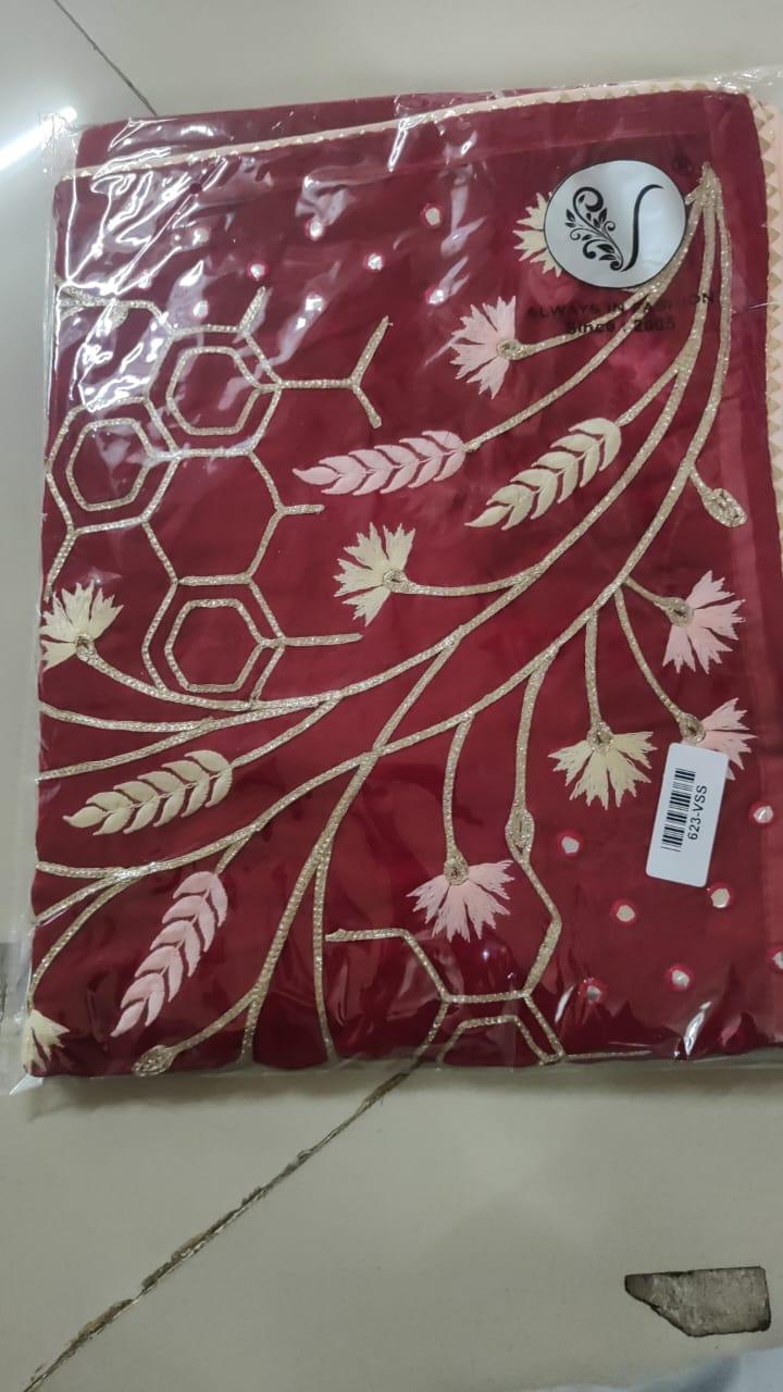 Red Embroidered With Embellished Georgette Saree - Peachmode